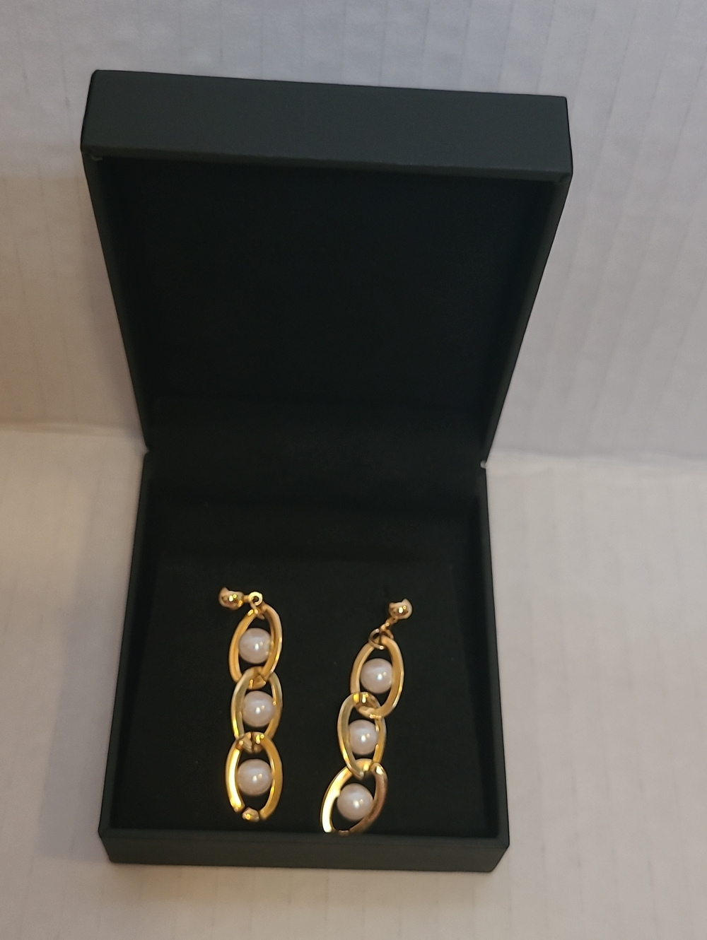 Vintage Gold and White Pearl Link Drop Earrings - Women Jewelry
